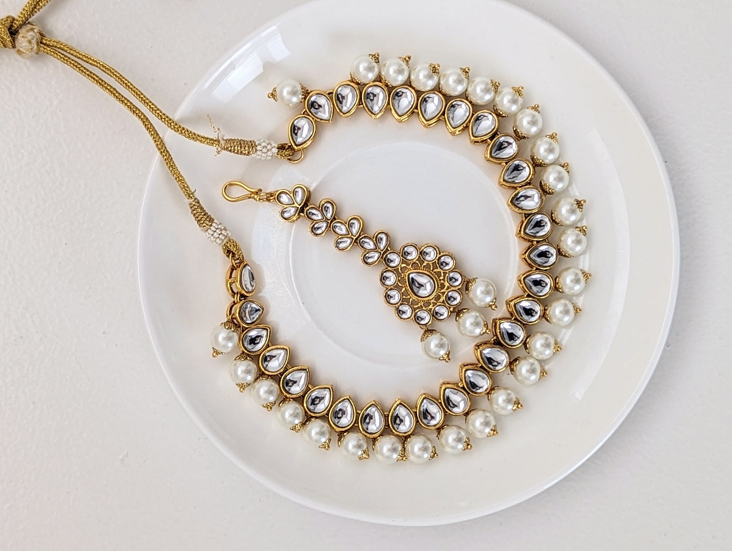 Pearl & Simulated Kundan Stone Set - Earrings, Necklace and Maang Tikka