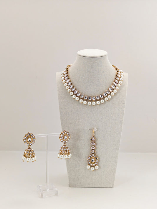 Pearl & Simulated Kundan Stone Set - Earrings, Necklace and Maang Tikka