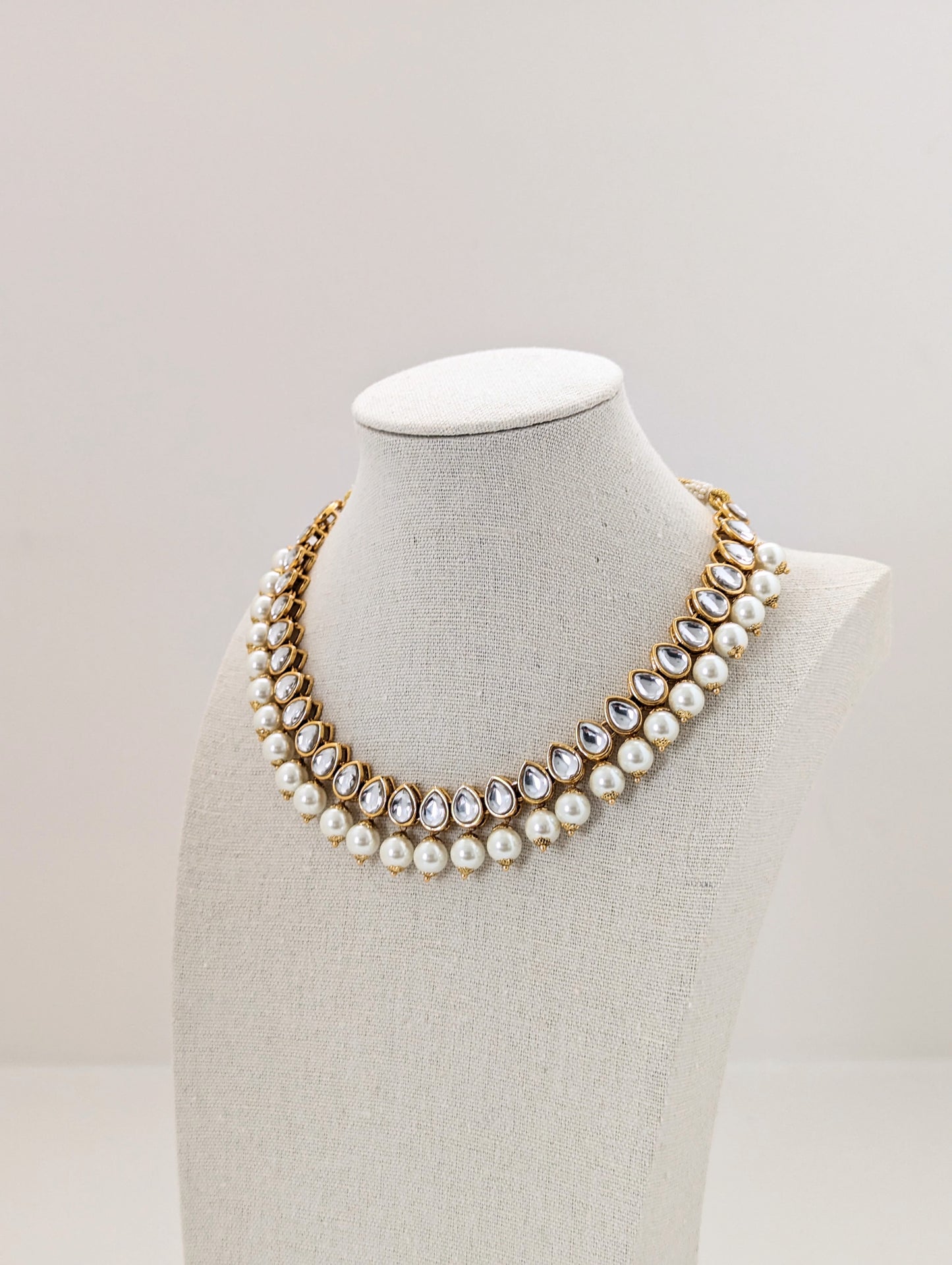 Pearl & Simulated Kundan Stone Set - Earrings, Necklace and Maang Tikka