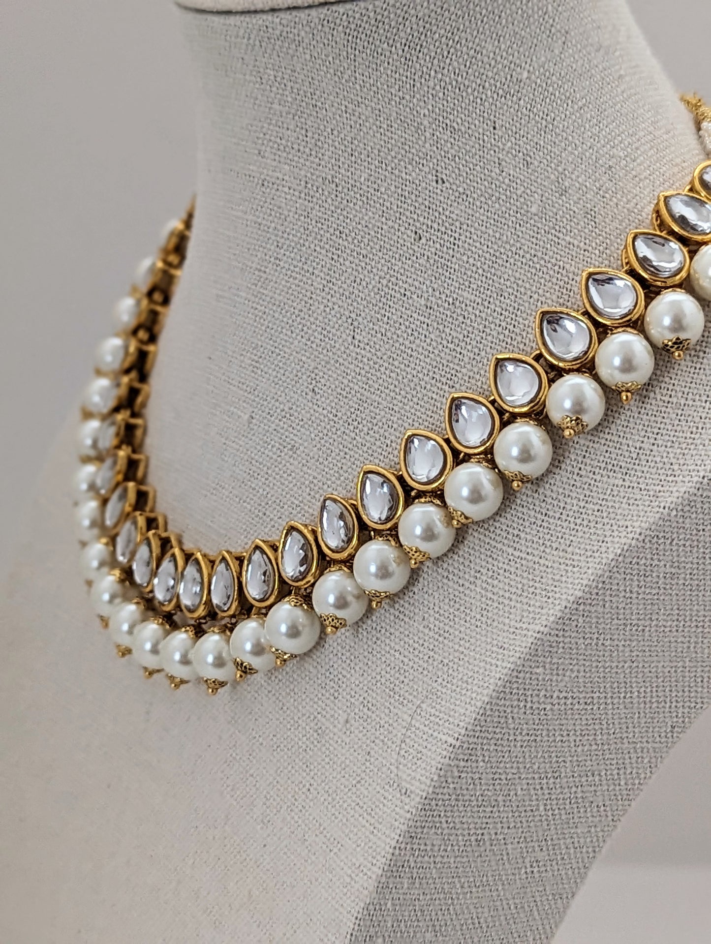 Pearl & Simulated Kundan Stone Set - Earrings, Necklace and Maang Tikka