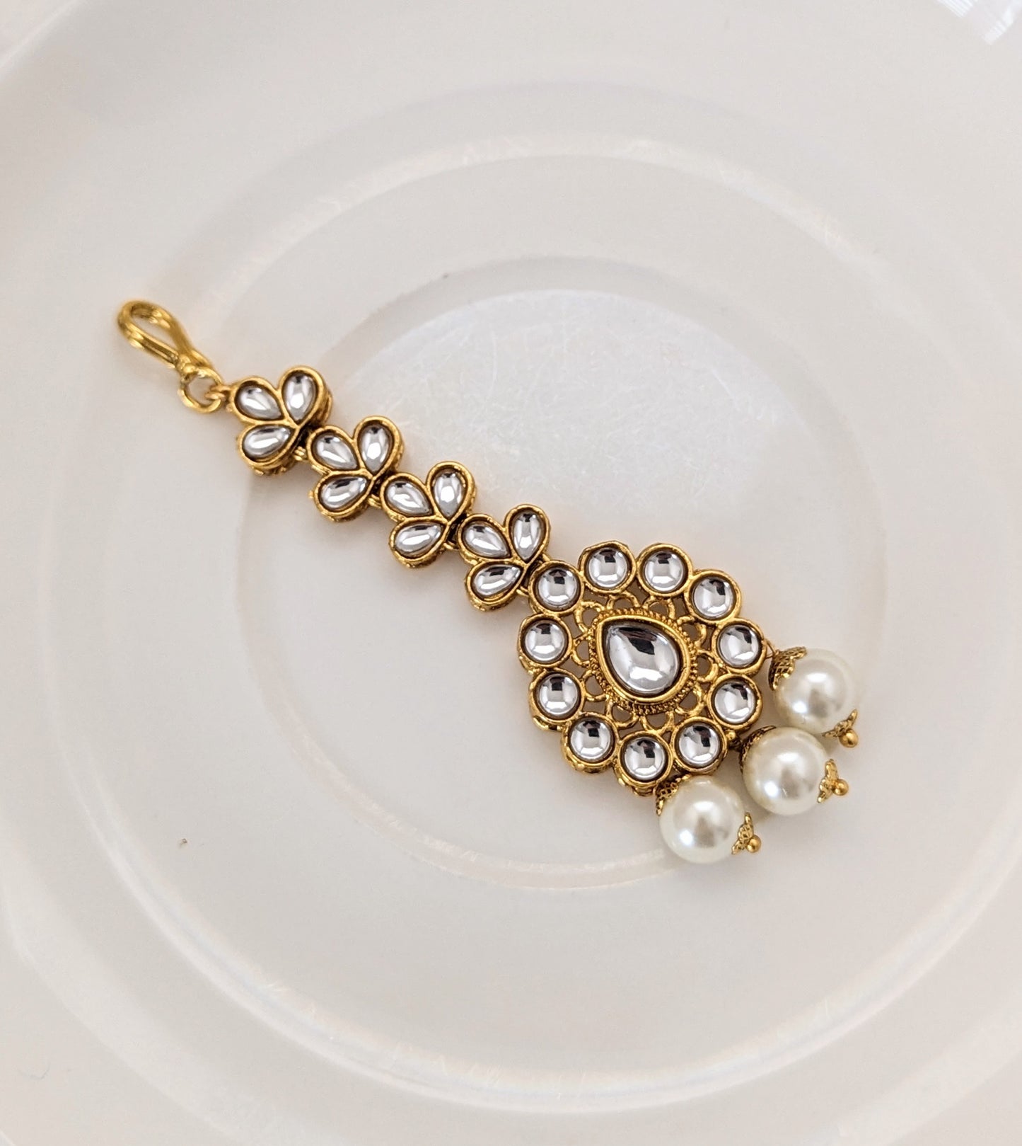 Pearl & Simulated Kundan Stone Set - Earrings, Necklace and Maang Tikka