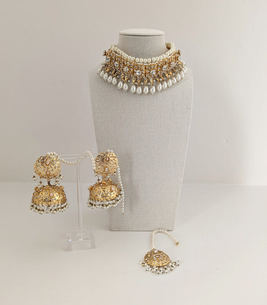 Pearls, Stones Choker Set - Earrings, Necklace and Teeka Set
