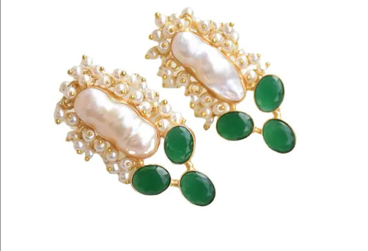 Classic Mimi Freshwater Pearl Earrings, Gold Plated - Dark Green Stones