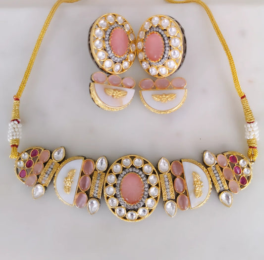 Choker Set - Pink and Beige - (Earrings and Necklace)