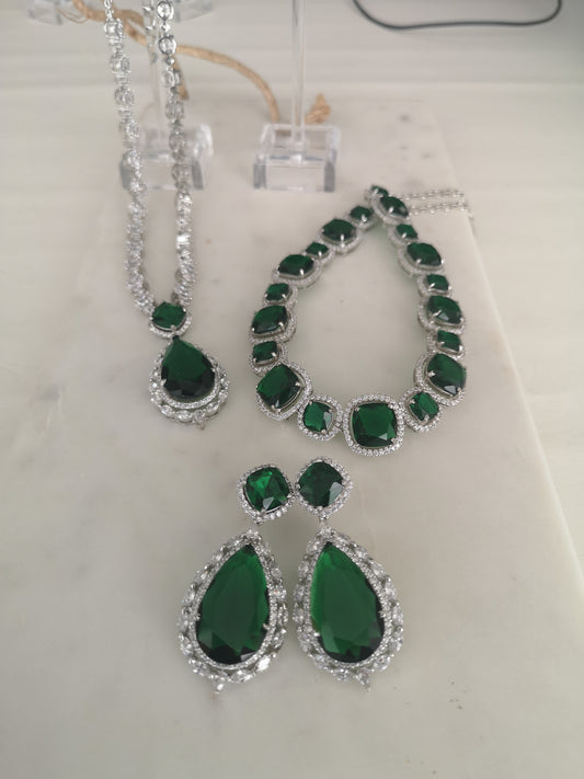 Stone Set  - Dark Green (Choker Necklace, Pendant Necklace and Earrings)
