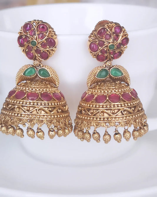 Jhumke Earrings - Magenta and Green