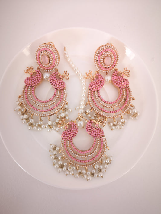 Chaand baali and teeka set - Candy Pink, Light Pink and Beige
