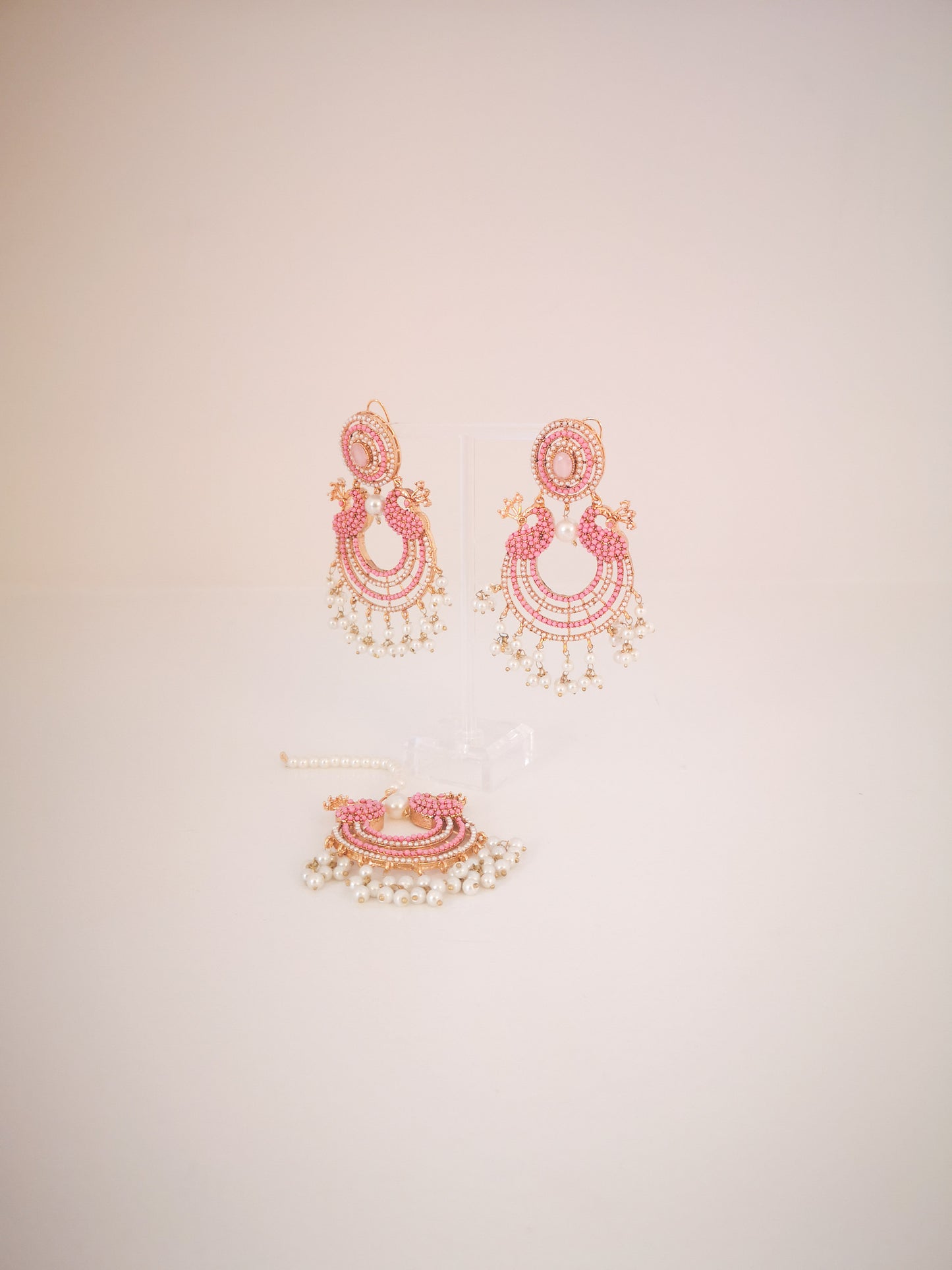Chaand baali and teeka set - Candy Pink, Light Pink and Beige