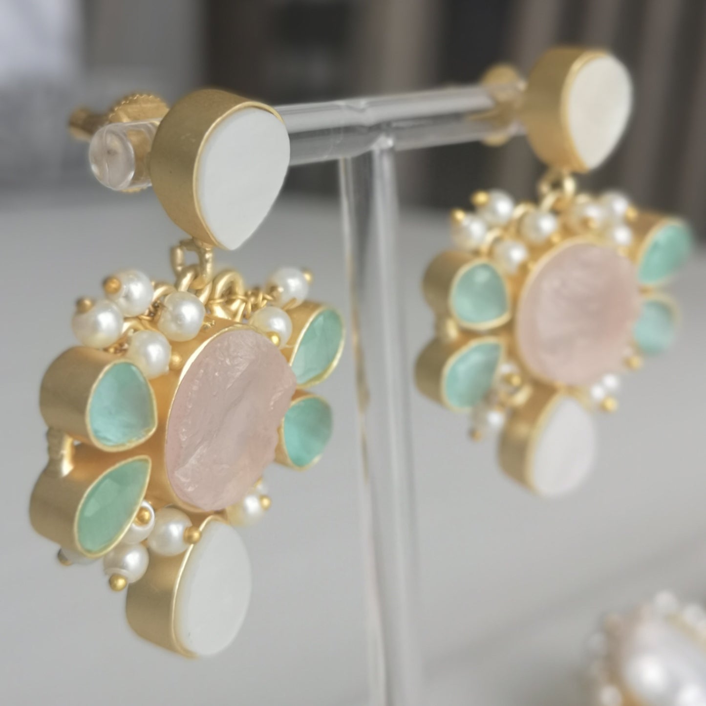 Classic Mimi Freshwater Pearl Earrings - Gold Plated - Natural Stones - Pink, Aqua and Pearls