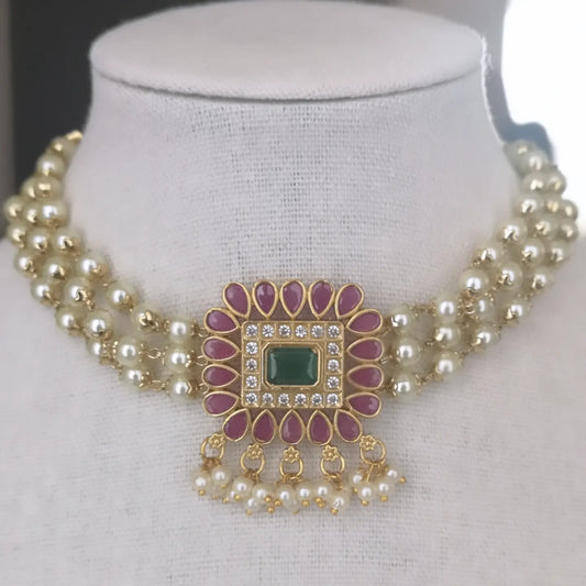 Premium Kemp Pearl Choker Set (Earrings and Necklace) - Magenta and Green