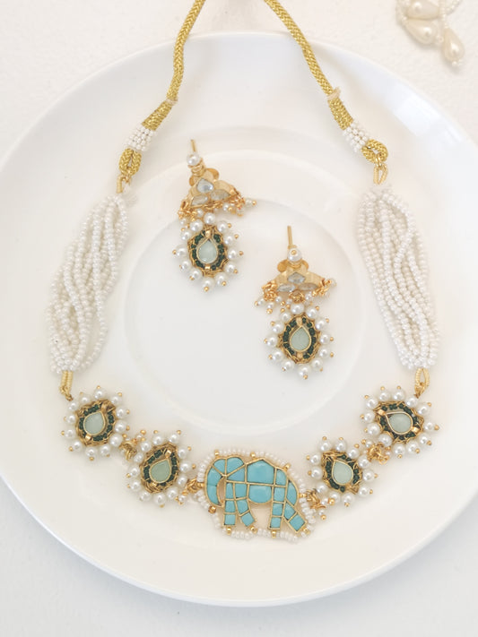Pachi Kundan Set - Light Blue, Sage Green and Beige