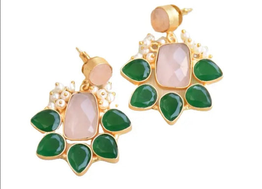 Classic Mimi Freshwater Pearl Earrings, Gold Plated - Pink and Green