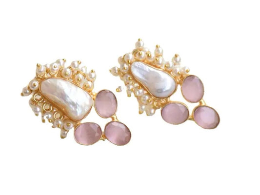 Classic Mimi Freshwater Pearl Earrings - Trio - Pink (also available in Dark Green)