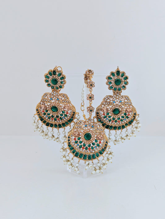 Set - Maang Tikka and Earrings Set - Dark Green