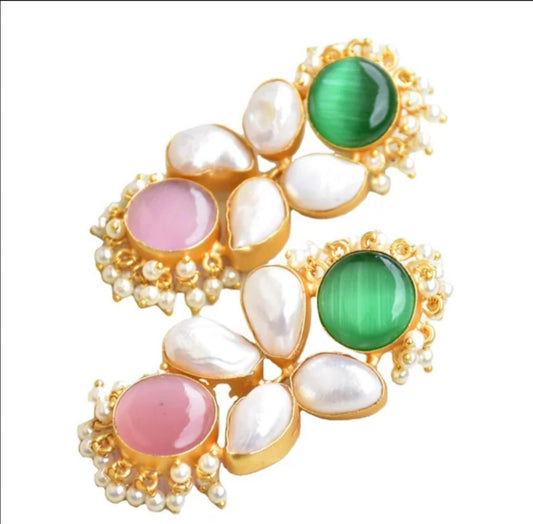Classic Mimi Freshwater Pearl Earrings, Gold Plated - Pink and Green