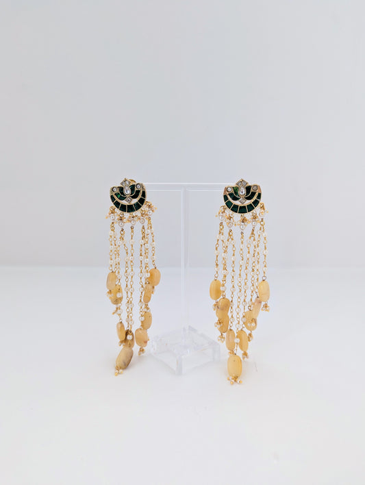 Waterfall Earrings - Dark Green and light Peach/Beige