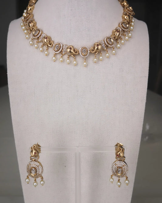 Temple Jewelry - Elephant and Pearls Set (Earrings and Necklace)