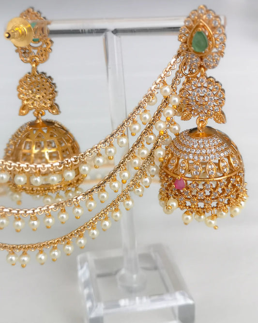 Jhumke - with Pearl Sahara Chain (Magenta and Green)