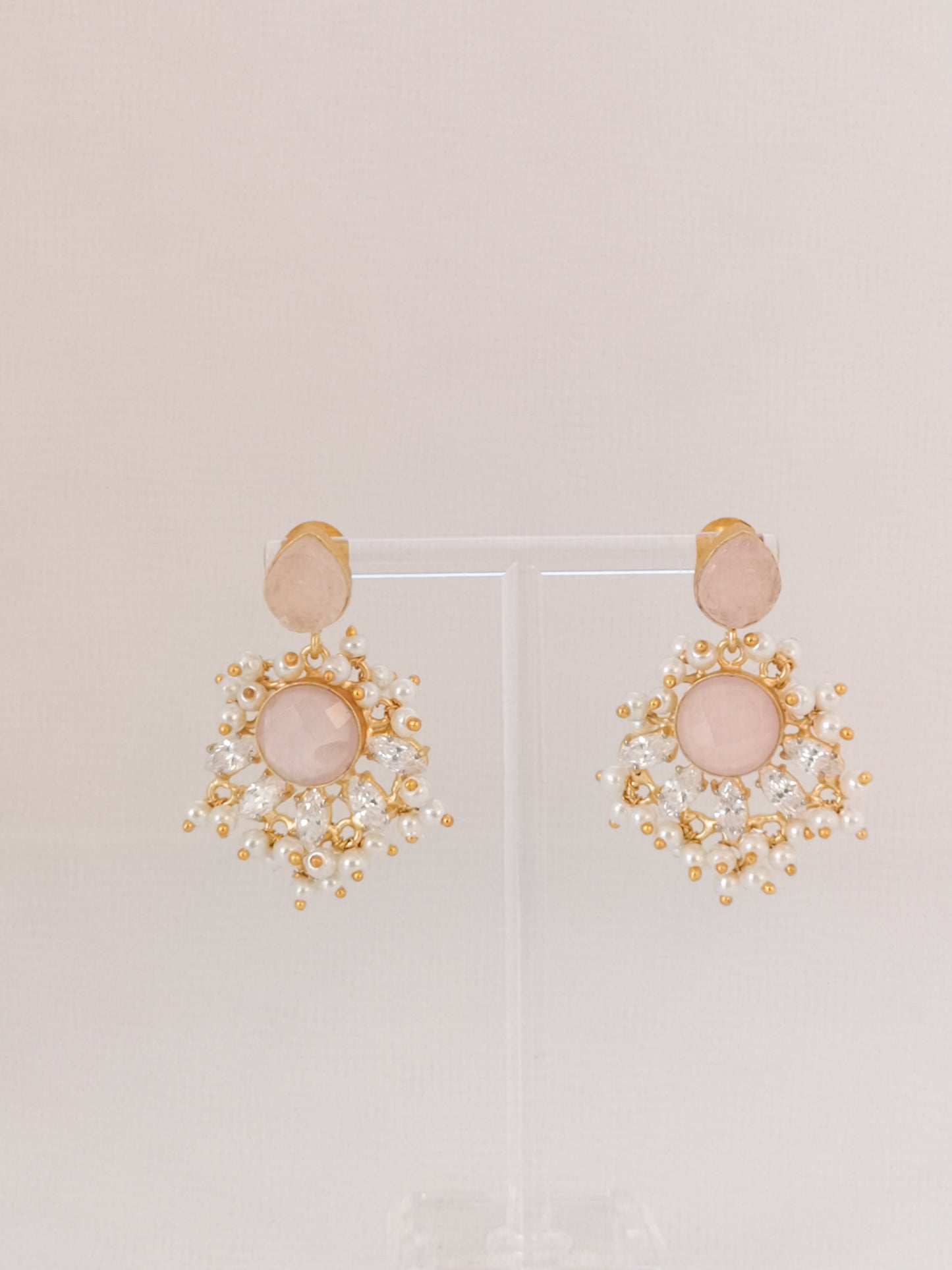 Classic Mimi Freshwater Pearl Collection - Earrings - Chalcedony, Rose Quartz, and Zircon, Gold Plated - Light Pink