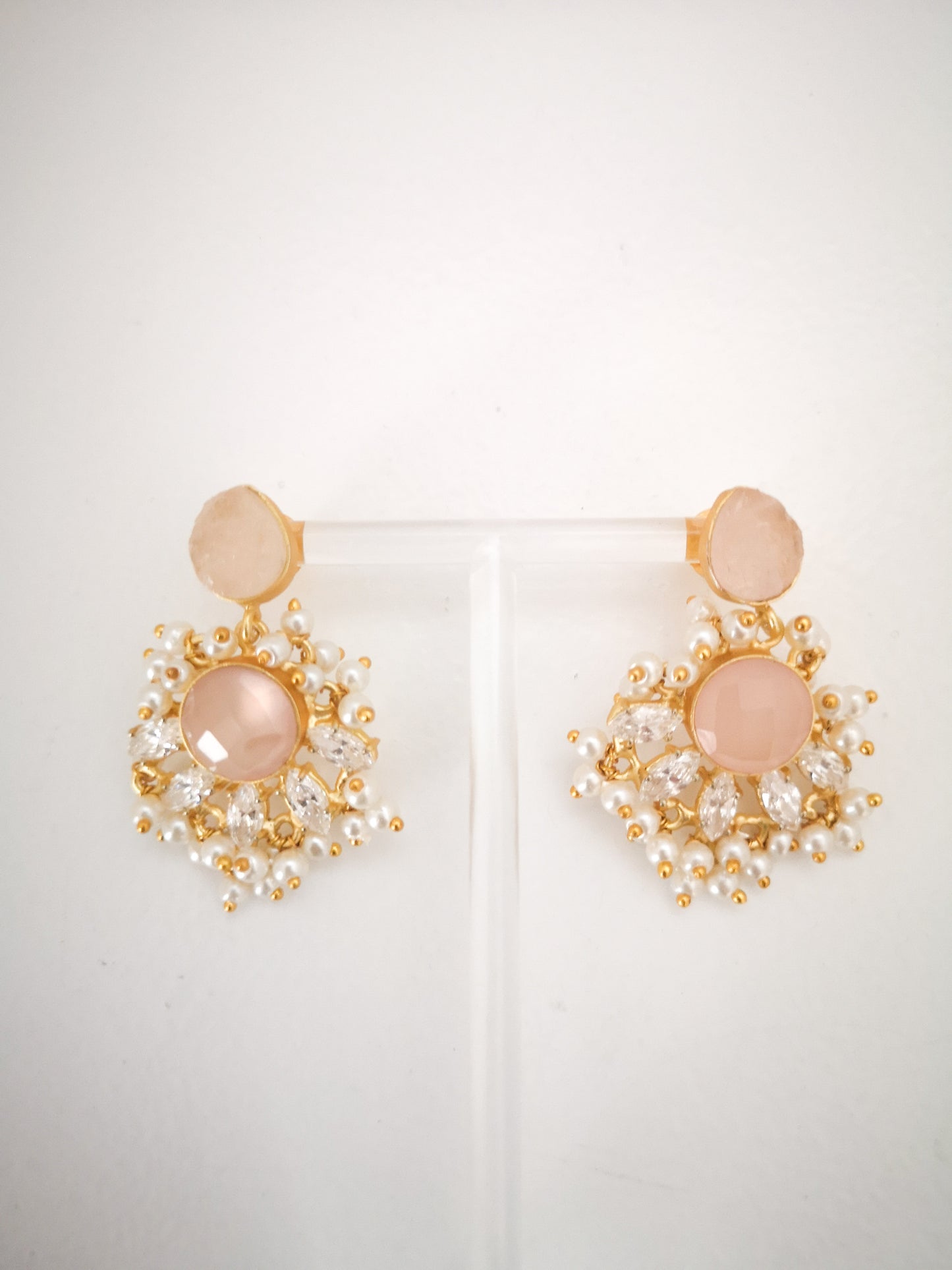 Classic Mimi Freshwater Pearl Collection - Earrings - Chalcedony, Rose Quartz, and Zircon, Gold Plated - Light Pink