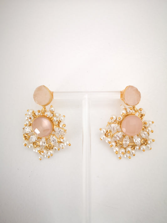 Classic Mimi Freshwater Pearl Collection - Earrings - Chalcedony, Rose Quartz, and Zircon, Gold Plated - Light Pink