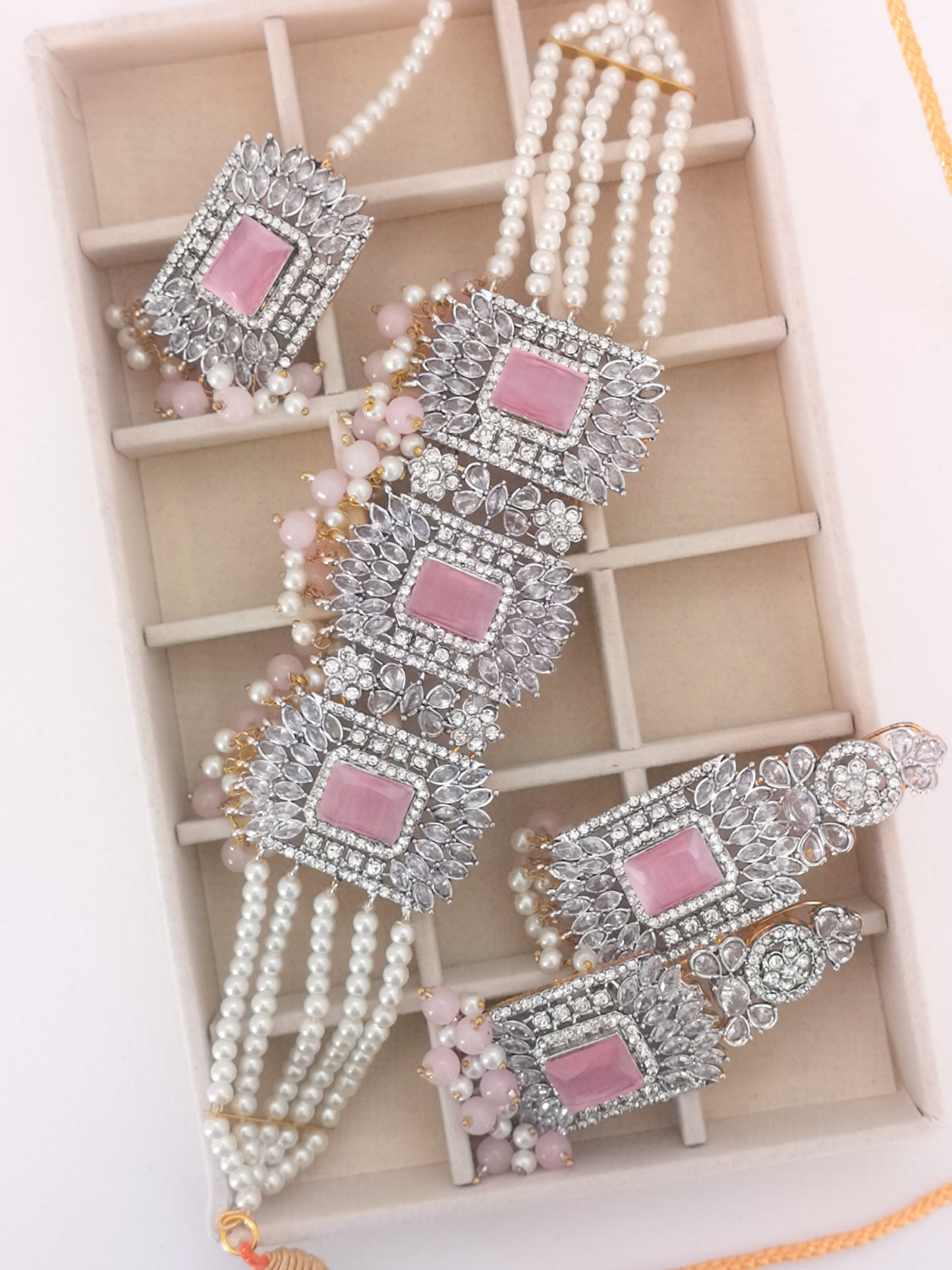 Choker Set - Pearls and Rhinestone - Pink. Set includes: earrings, necklace and maang teeka