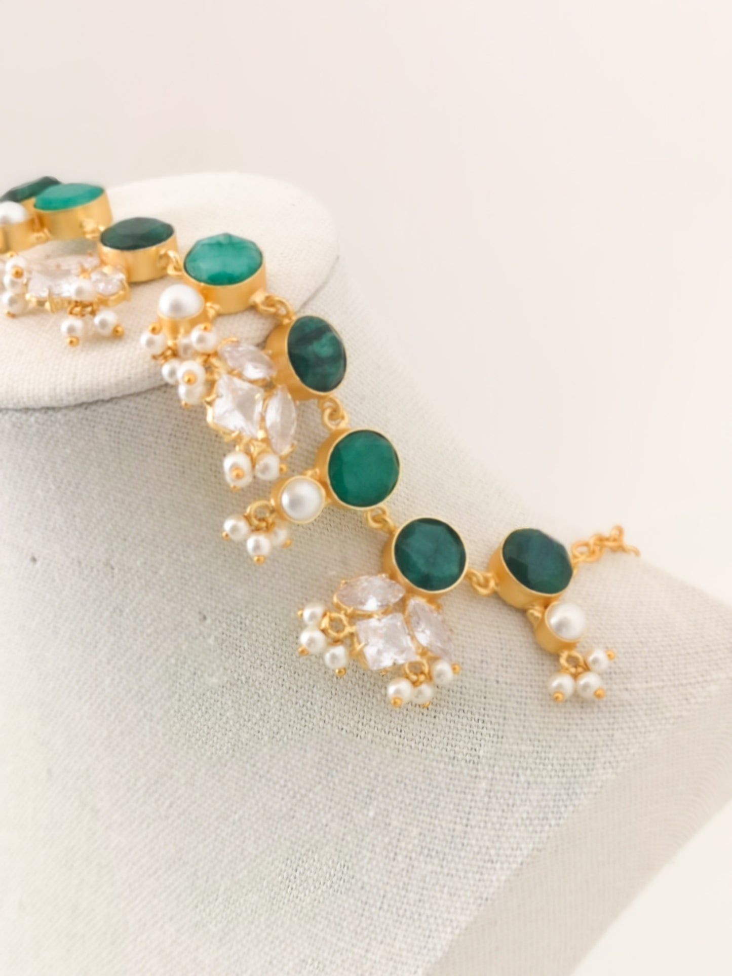 Classic Mimi Freshwater Pearl Collection - Zircon, Pearls, Natural Stones, Gold Plated - Dark Green