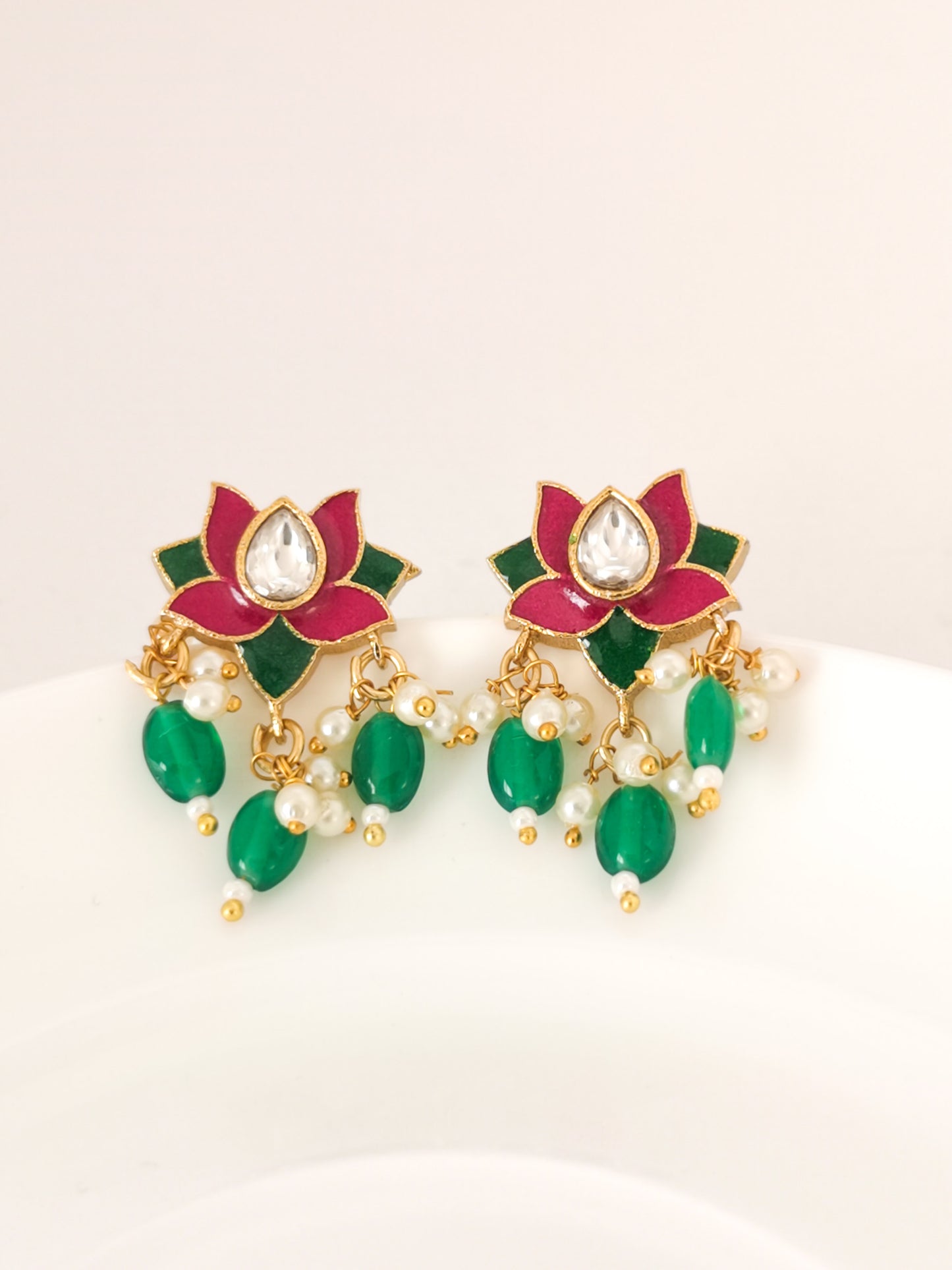 Lotus Choker Set - 2.0 (Necklace and Earrings) - Magenta and Green