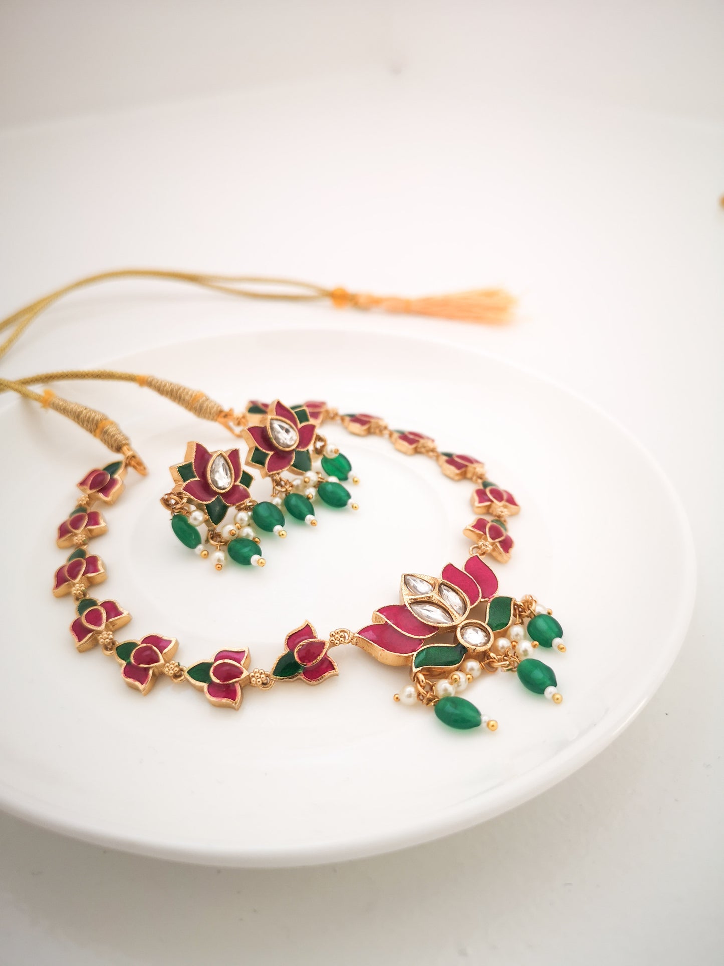 Lotus Choker Set - 2.0 (Necklace and Earrings) - Magenta and Green