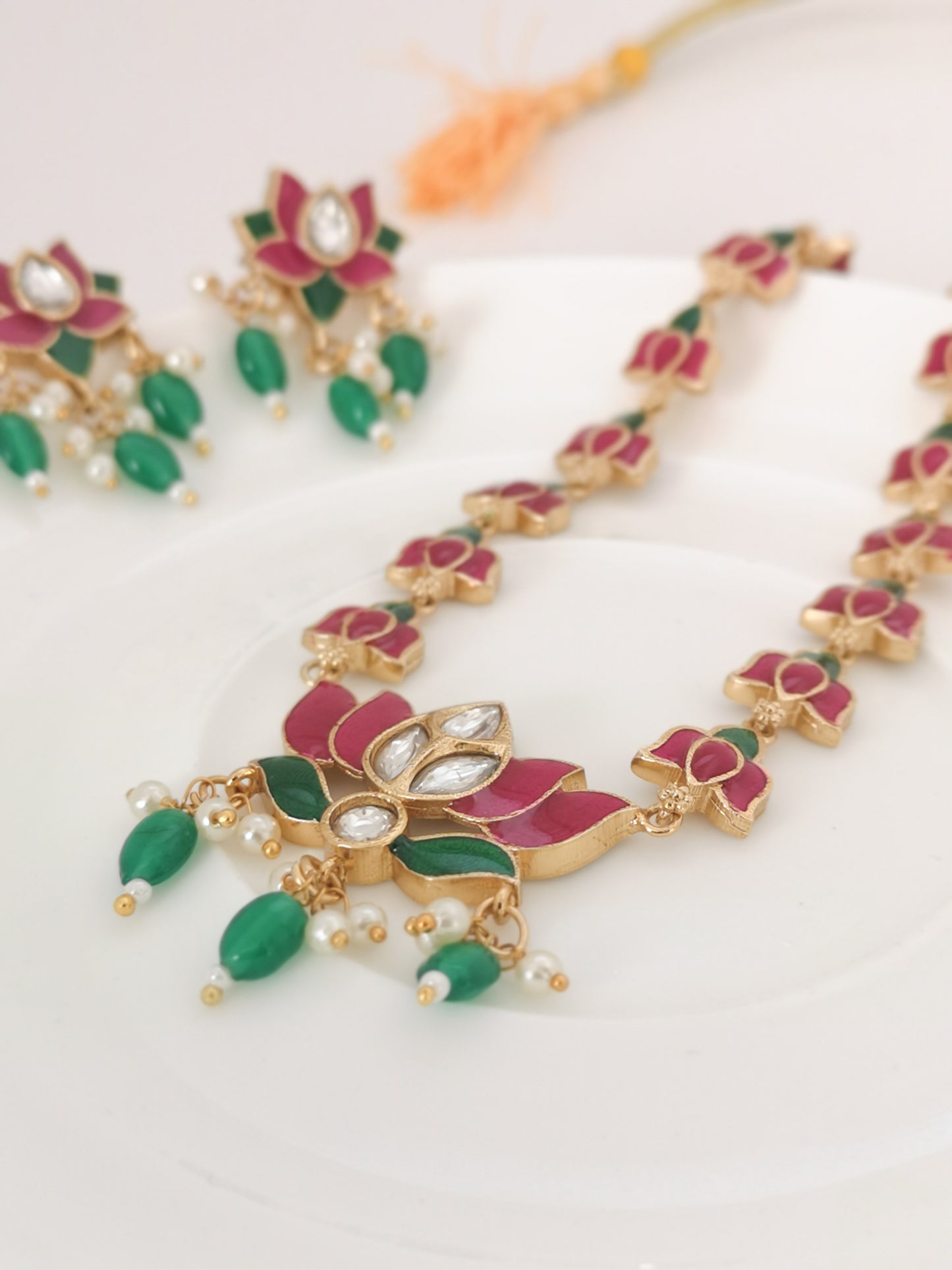 Lotus Choker Set - 2.0 (Necklace and Earrings) - Magenta and Green