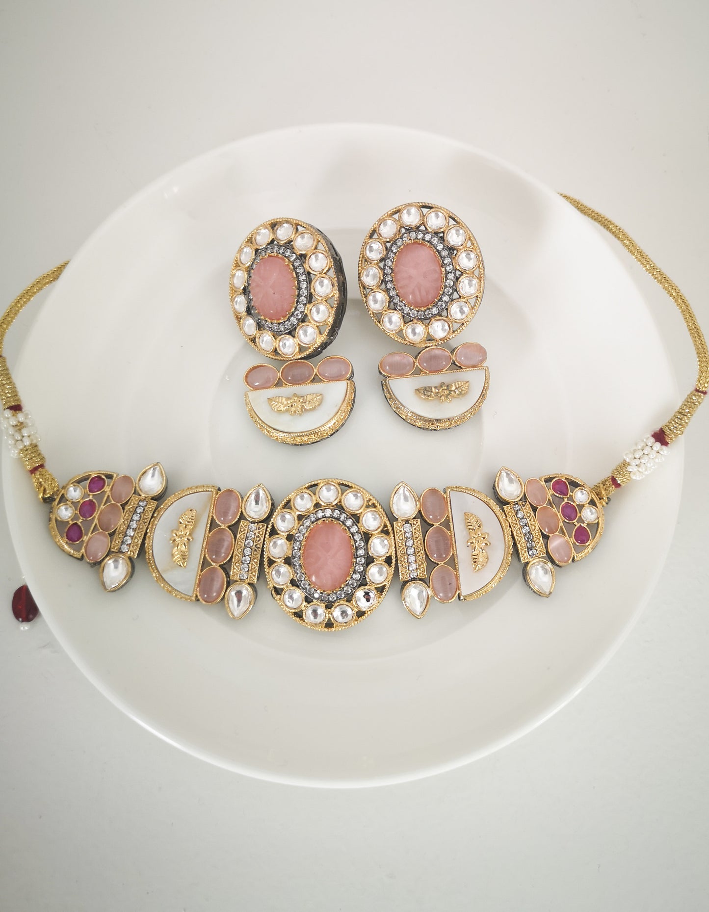 Choker Set - Pink and Beige - (Earrings and Necklace)