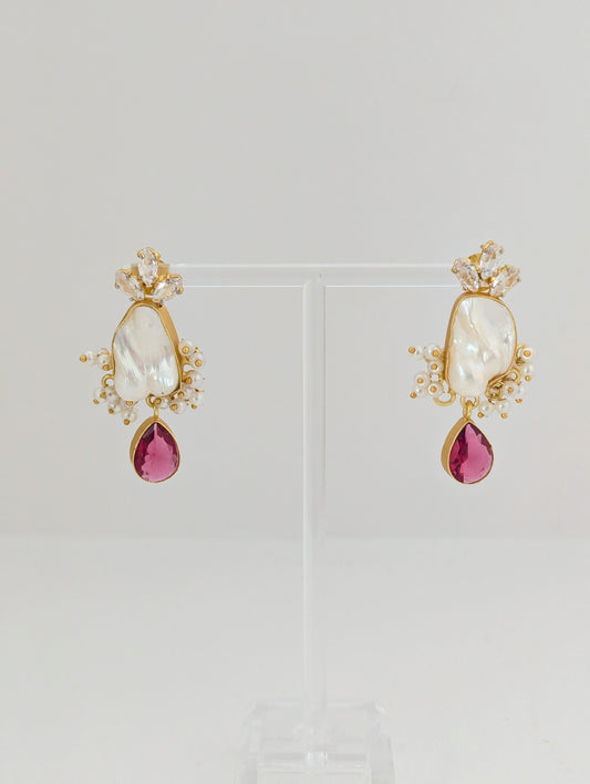 Freshwater Pearl Earrings - Scarlet Pearl Bloom - Light Red