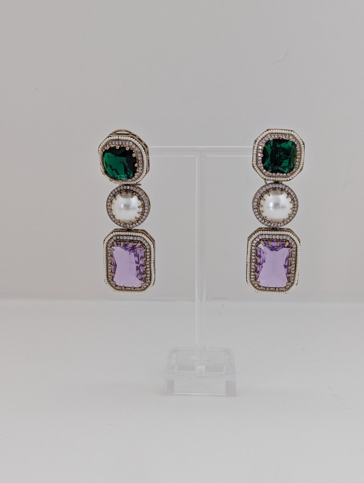 The Royal Courtyard Earrings - Emerald and Lavender