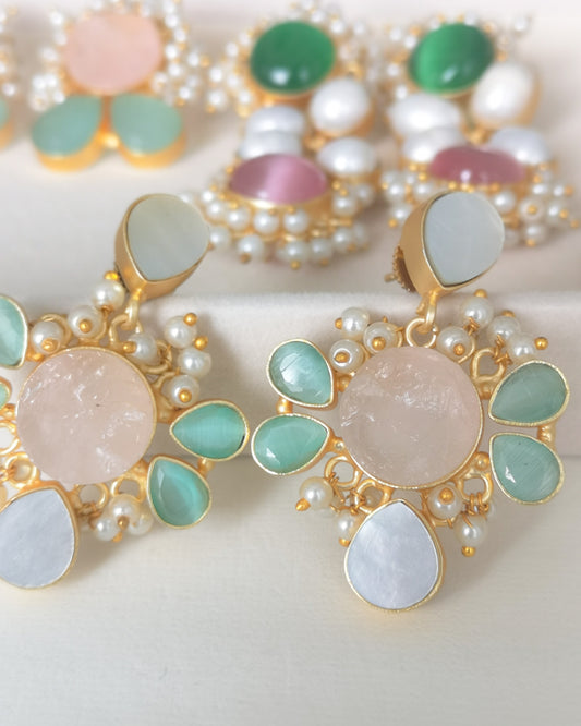 Classic Mimi Freshwater Pearl Earrings - Gold Plated - Natural Stones  - Pink, Aqua and Pearls