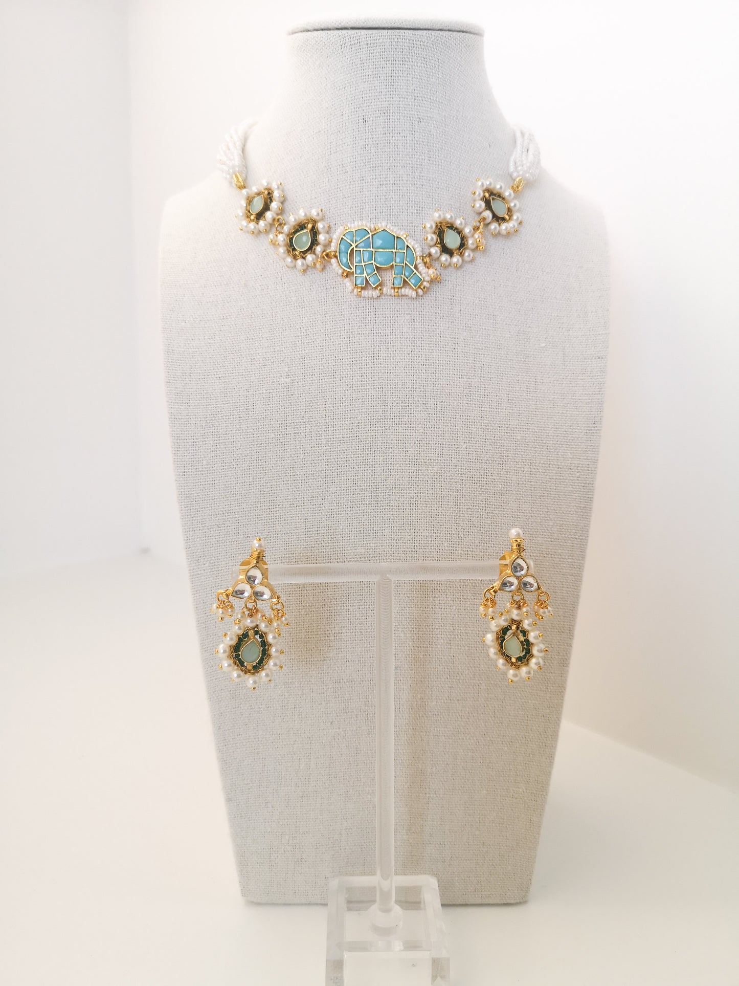Pachi Kundan Set - Light Blue, Sage Green and Beige