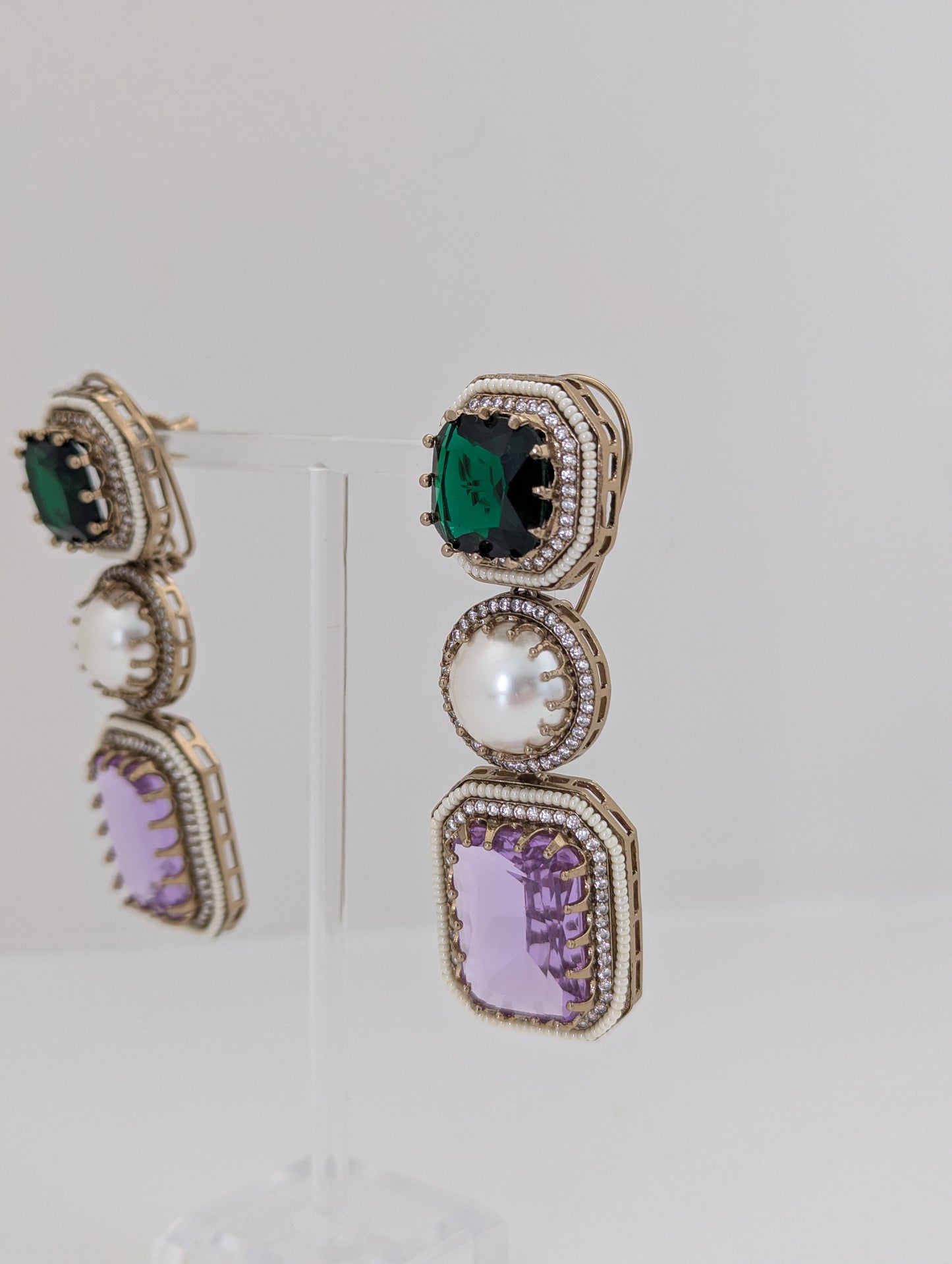 The Royal Courtyard Earrings - Emerald and Lavender