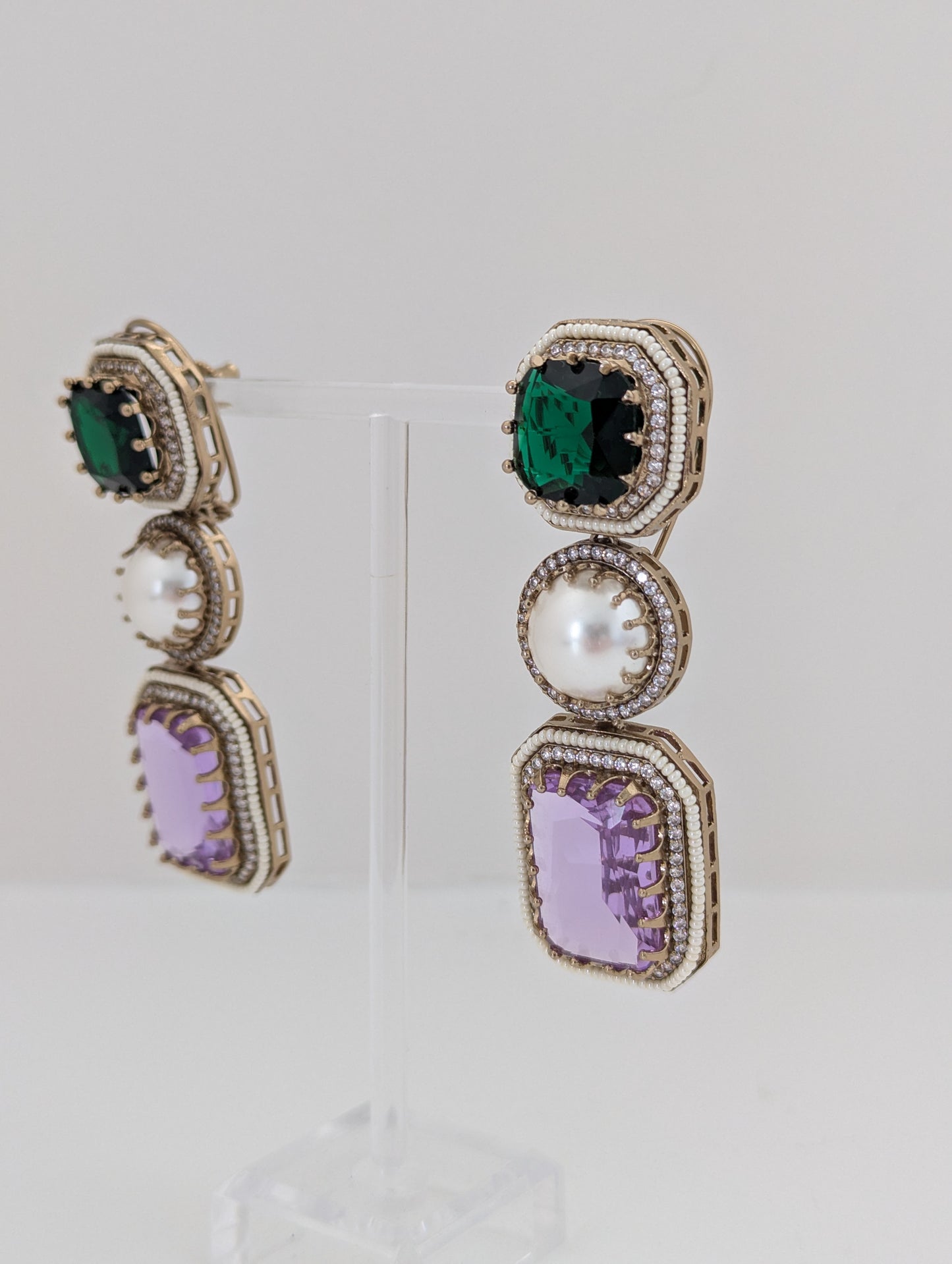 The Royal Courtyard Earrings - Emerald and Lavender