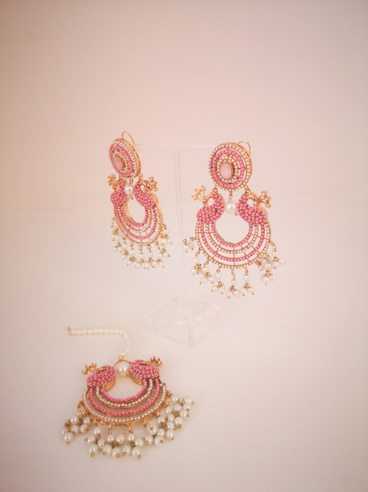 Chaand baali and teeka set - Candy Pink, Light Pink and Beige