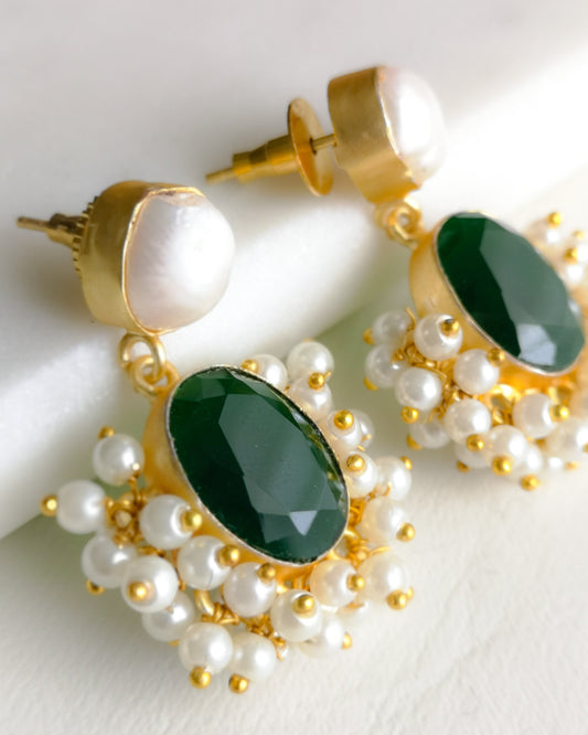 Classic Mimi Freshwater Pearl Earrings, Gold Plated, Drop Earrings - Green (also available in Black)