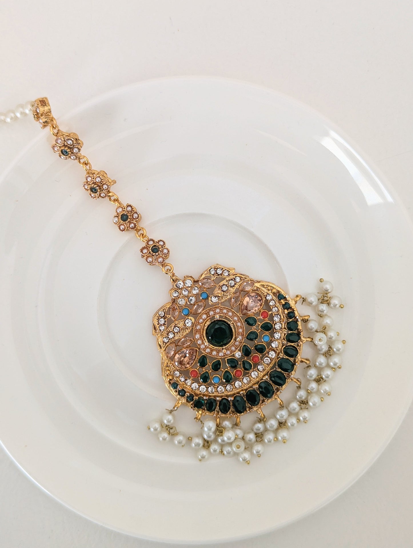 Set - Maang Tikka and Earrings Set - Dark Green